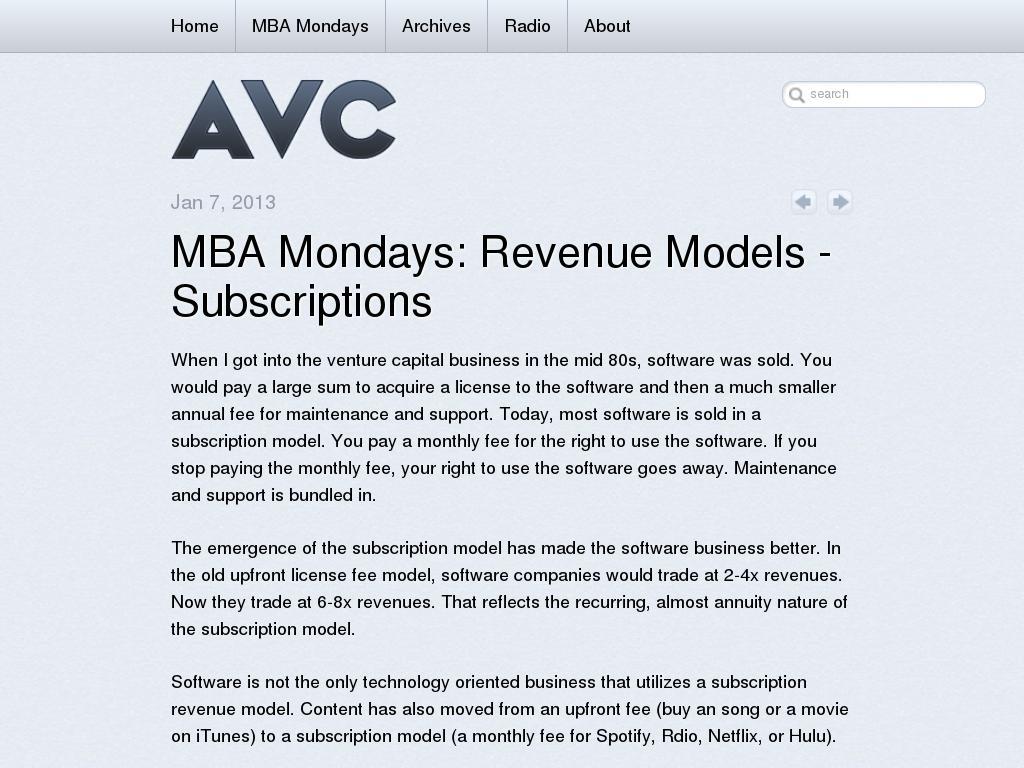 www.avc.com/a_vc/2013/01/mba-mondays-revenue-models-subscriptions.htm screenshot